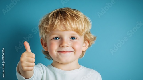 a happy boy with blonde hair and blue eyes, isolated on a solid color background in a thumbs up pose, 