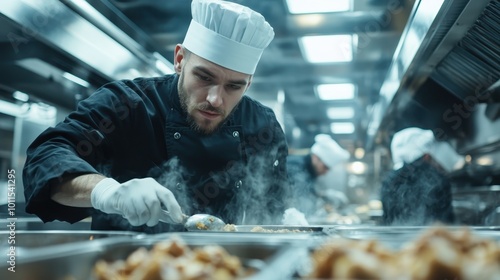 Focused chef with beard in a professional kitchen plating a dish, surrounded by steam, highlighting passion and dedication in culinary arts.