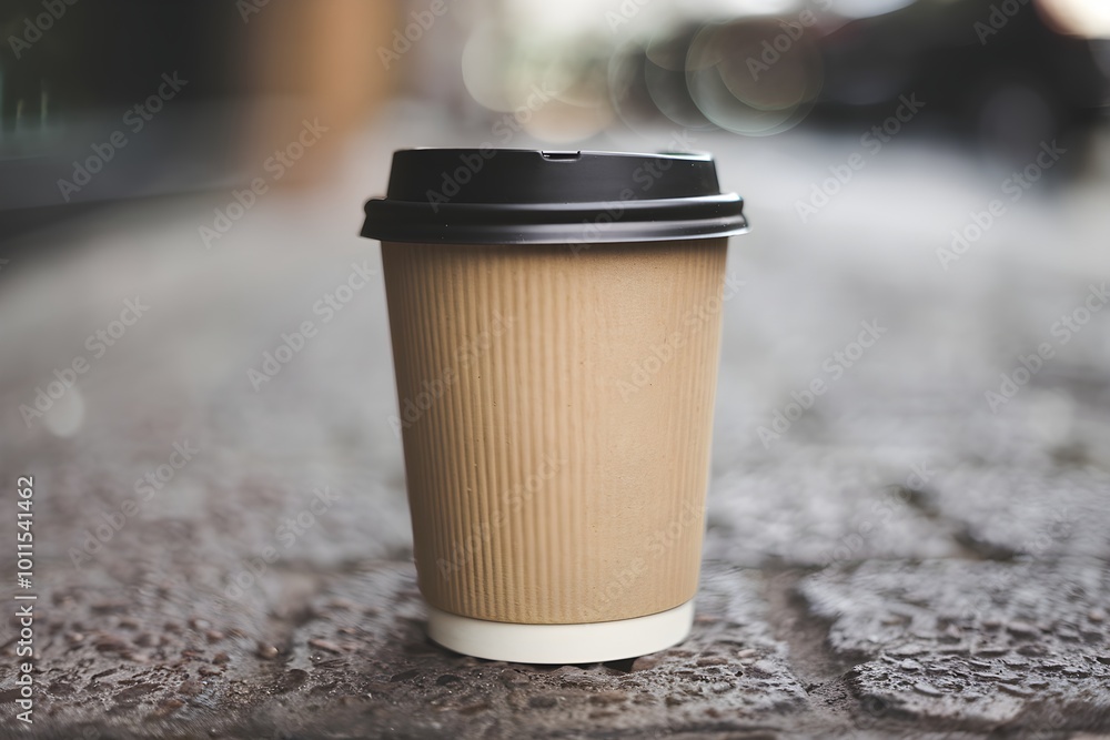 Beige coffee cup with black lid on textured surface, central focus with blurred background Beige coffee cup with black lid on textured surface, central focus with blurred background