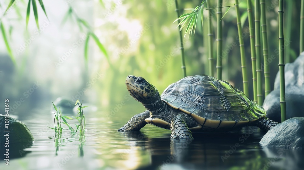 Feng Shui Turtle with Lucky Bamboo, serene setting emphasizing growth, harmony and good fortune, symbolizing prosperity and tranquility Feng Shui Turtle with Lucky Bamboo, serene setting emphasizing growth, harmony and good fortune, symbolizing prosperity and tranquility