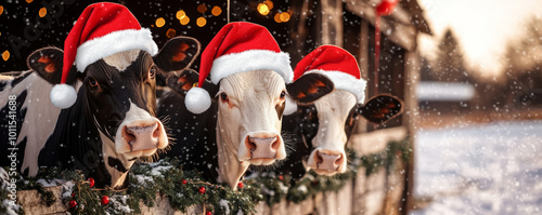 A group of cheerful cows wearing Santa hats, standing by a snow-covered barn decorated with Christmas lights and garlands on a festive farm.
