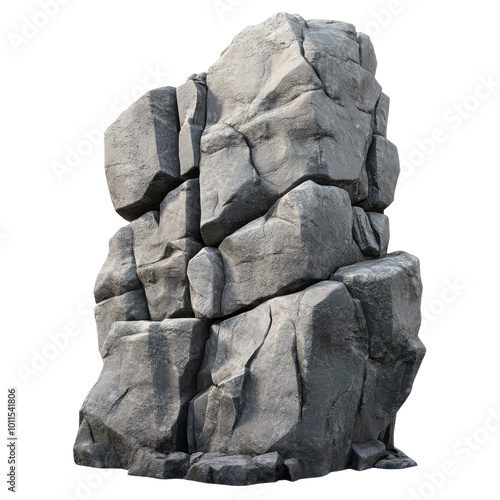 A tall, rugged rock formation with rough textures and natural details against a white background.