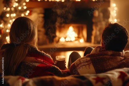 Cozy evening by the fireplace with warm drinks and festive lights during winter holidays