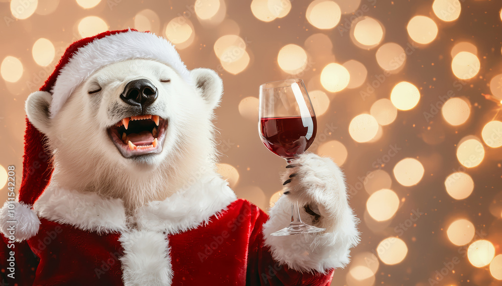 A happy polar bear cub in a Santa Claus outfit, holding a wine glass while laughing, surrounded by glowing Christmas lights. A happy polar bear cub in a Santa Claus outfit, holding a wine glass while laughing, surrounded by glowing Christmas lights.