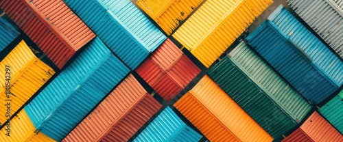 A colorful image of many different colored shipping containers