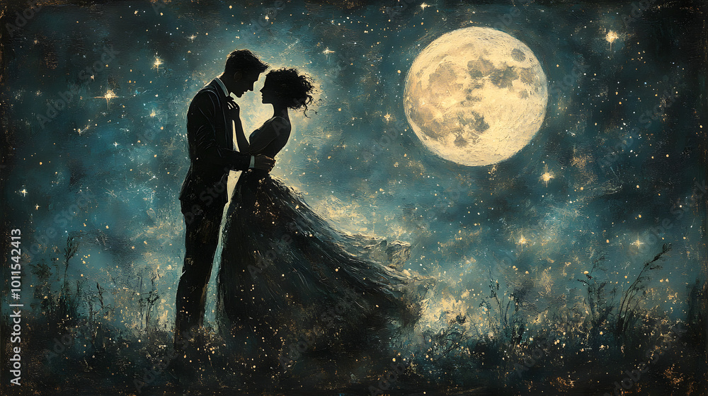 A silhouette of two people in love dancing under the stars, capturing a romantic moment.
A silhouette of two people in love dancing under the stars, capturing a romantic moment.