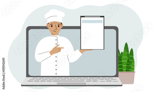 Male cook in a cap. Video, online ordering, menu. Vector flat illustration