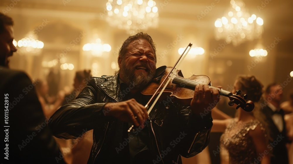 Fototapeta premium A joyful violinist wearing a leather jacket is captured in a moment of expressive performance amidst a crowd in a luxurious, chandelier-lit ballroom.