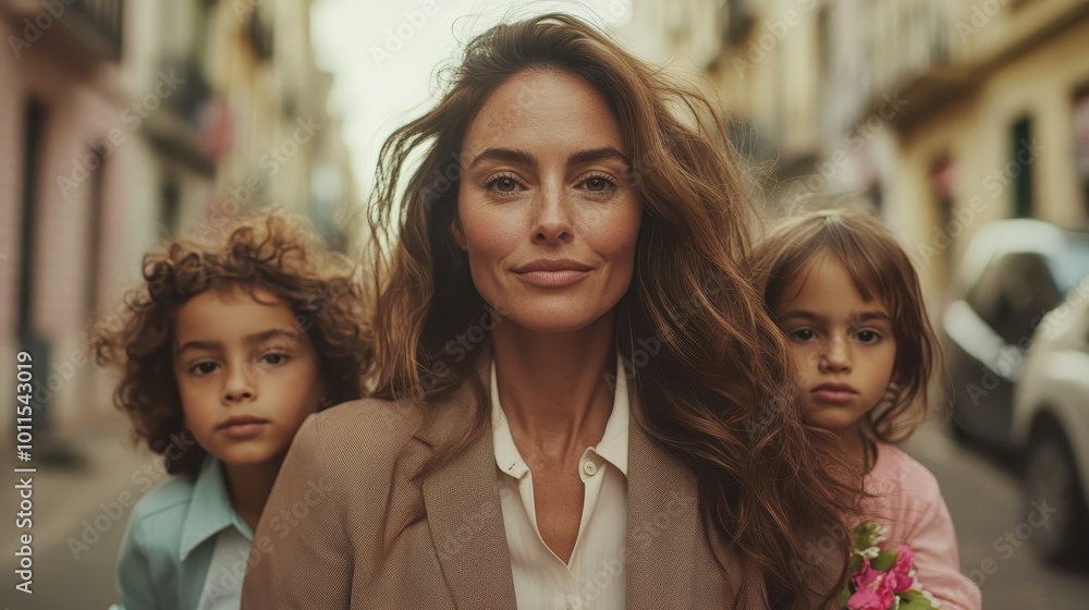 A confident woman with soft gaze stands with children holding flowers in a sunny street, embodying themes of warmth, family, and joyous picturesque surroundings. A confident woman with soft gaze stands with children holding flowers in a sunny street, embodying themes of warmth, family, and joyous picturesque surroundings.