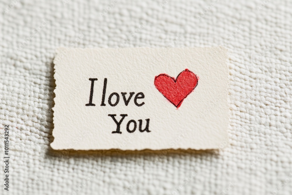 A heartfelt note expressing love with a handwritten message and a red heart on textured paper background A heartfelt note expressing love with a handwritten message and a red heart on textured paper background
