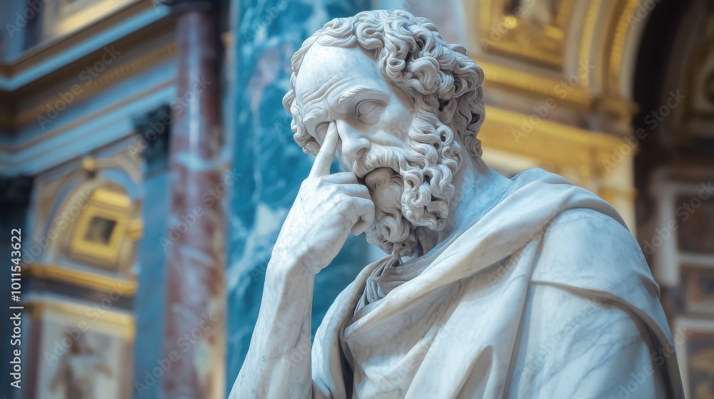 Statue of Socrates, with his hand on his face in deep thought, inside St. Statue of Socrates, with his hand on his face in deep thought, inside St.