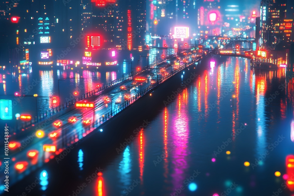 Fototapeta premium Neon Cityscape Reflection