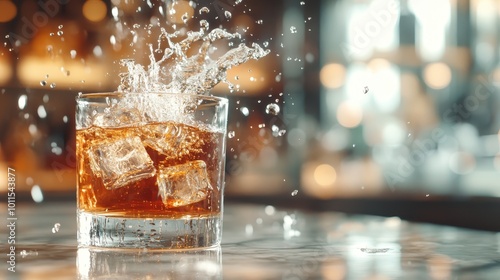 A whiskey glass with ice cubes splashing dramatically against a soft-focused elegant bar setting, capturing motion and creating a lively, refreshing effect. photo