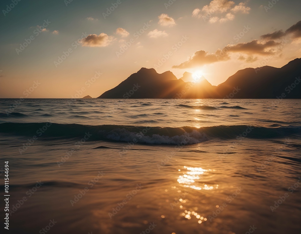 Naklejka premium Golden sunset on a tropical island, the setting sun rays reflecting on the sea, and the ocean waves rolling gently towards the beach