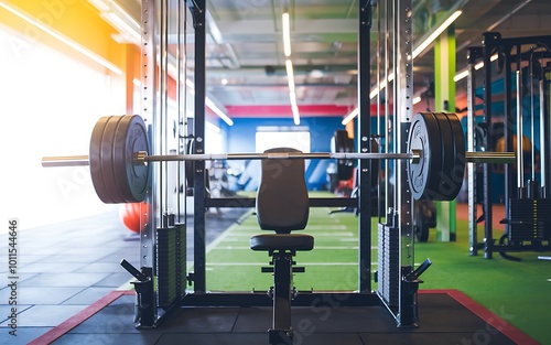 A barbell loaded with weights rests on a bench in a modern gym. photo