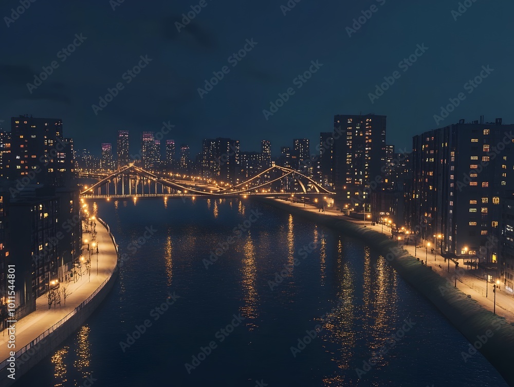 Cityscape at Night with Bridge and River Reflections Cityscape at Night with Bridge and River Reflections