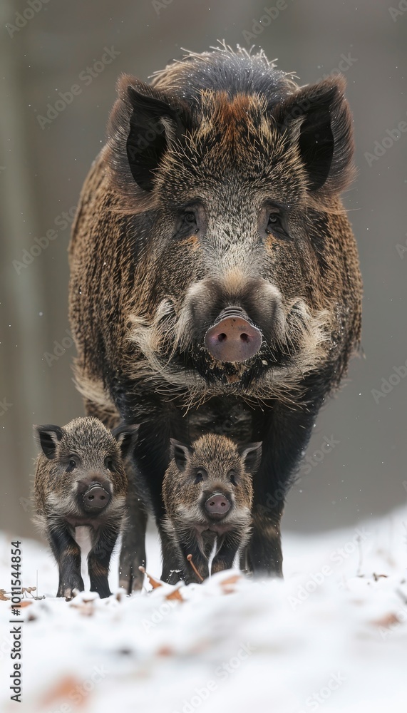 Wild Boar Sow With Piglets in Winter Wonderland , Wildlife Portrait With Family of Wild Pigs Wild Boar Sow With Piglets in Winter Wonderland , Wildlife Portrait With Family of Wild Pigs