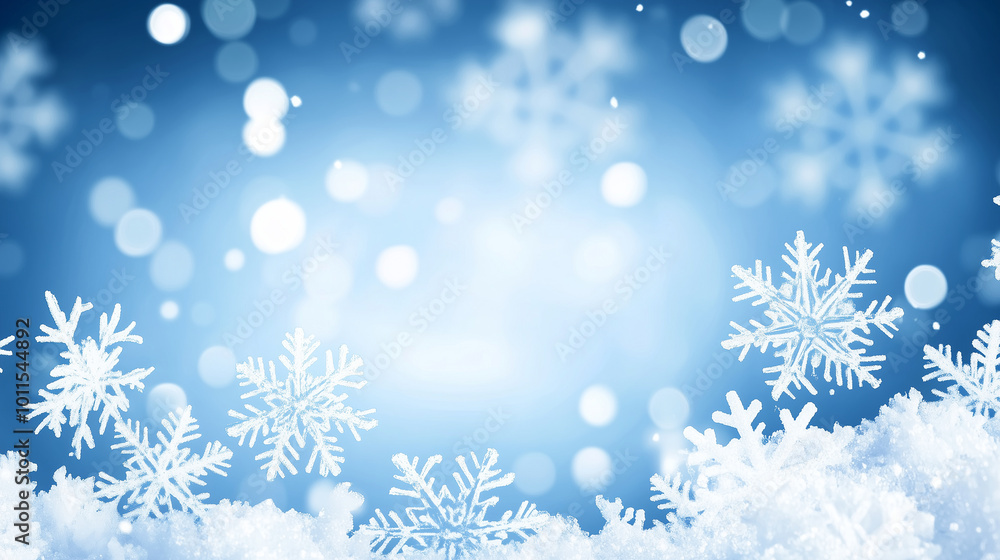 Beautiful snowflakes dancing against a blue background in a magical scene Beautiful snowflakes dancing against a blue background in a magical scene