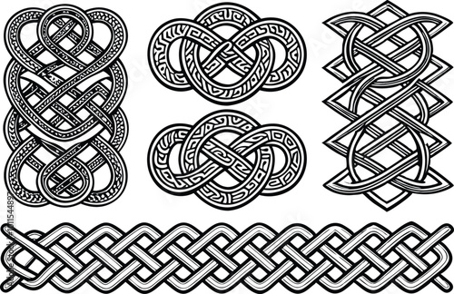 Seamless Celtic Braids, Knotted Irish Borders and Ornament Collection, vector illustration on black and white.