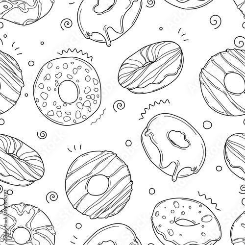 Tasty temptation: vector seamless pattern with tasty donuts drawn with dark lines on a white background. Perfect for packaging, textiles or design projects, giving them style and originality