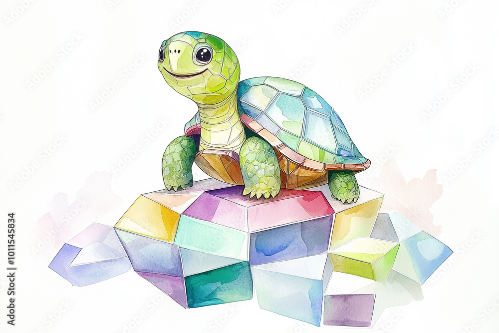 Lächelnde Schildkröte sitzt auf geometrischen Formen – Verspielte Aquarellkunst für das Kinderzimmer