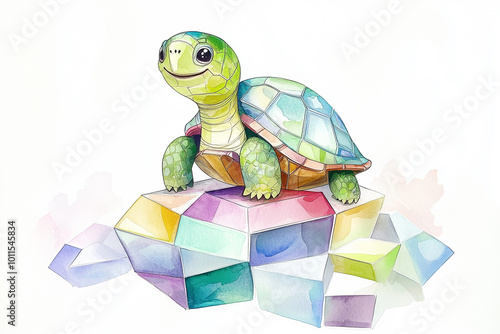 Lächelnde Schildkröte sitzt auf geometrischen Formen – Verspielte Aquarellkunst für das Kinderzimmer photo