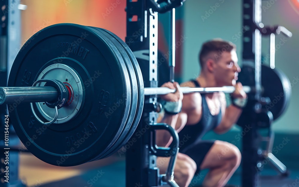 Closeup of a weightlifter doing a barbell squat in a gym. Closeup of a weightlifter doing a barbell squat in a gym.