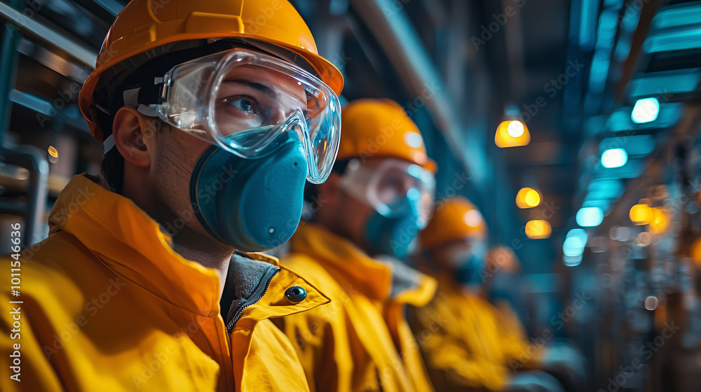 Group of industrial workers wearing safety helmets, masks, and goggles, focused on job in a factory setting at night.