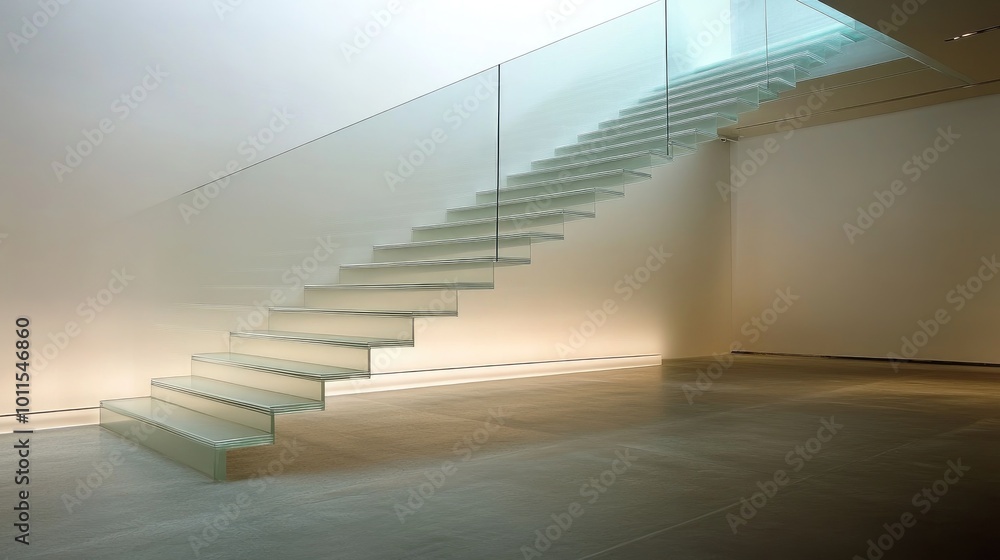 Obraz premium A sleek staircase in minimalist style, with open risers, glass balustrades, and a floating design, adding architectural interest to the home.