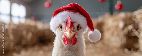 A quirky close-up of a chicken wearing a festive Santa hat, standing in the middle of a barn filled with hay and rustic holiday decorations.