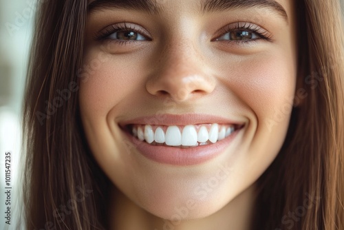 Beautiful smile of young woman with healthy white teeth, copy space - generative ai