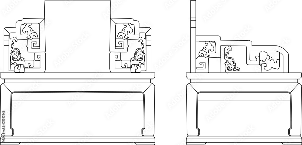 Fototapeta premium Vector sketch illustration silhouette design of interior furniture wooden chair antique old classic vintage ethnic traditional chinese full of carvings