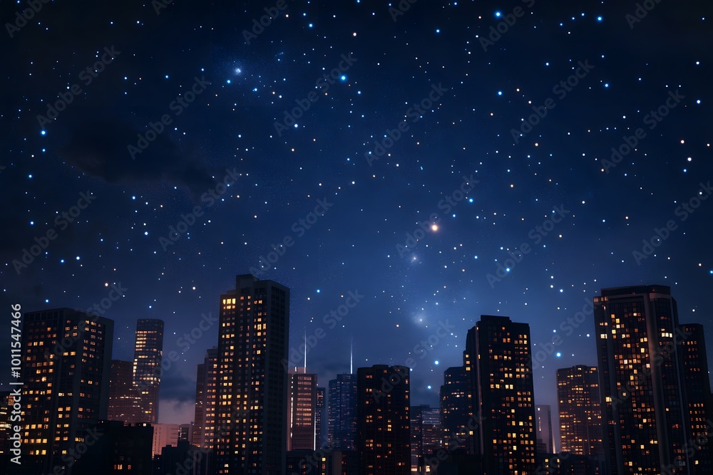 Fototapeta premium Night Cityscape with a Starry Night Sky
