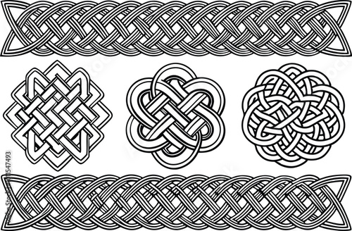 Seamless Celtic Braids, Knotted Irish Borders and Ornament Collection, vector illustration on black and white.