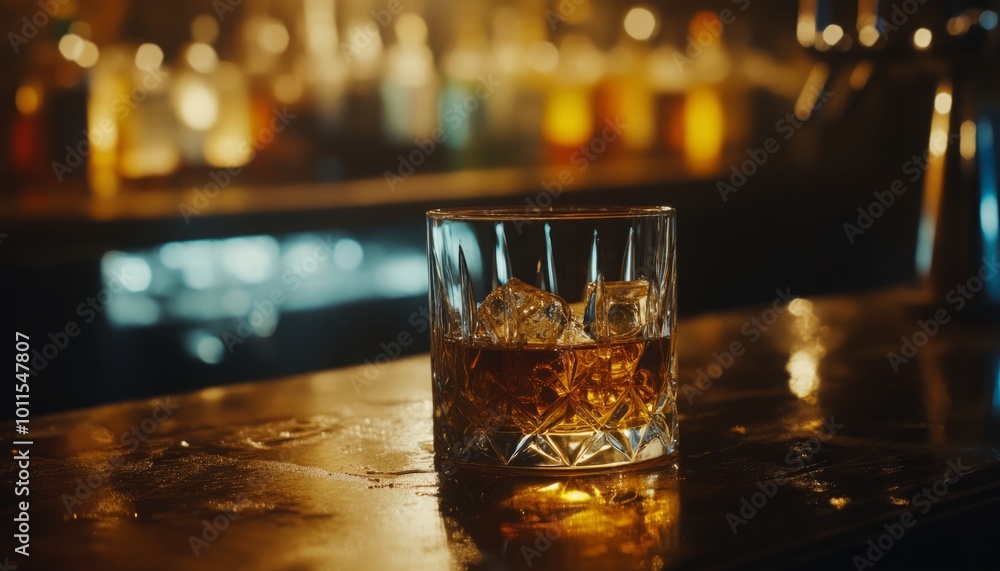 A close-up view of a glass of whiskey resting on a bar counter, featuring caustic light reflections that create dynamic patterns on the surface, showcasing rich amber colors A close-up view of a glass of whiskey resting on a bar counter, featuring caustic light reflections that create dynamic patterns on the surface, showcasing rich amber colors