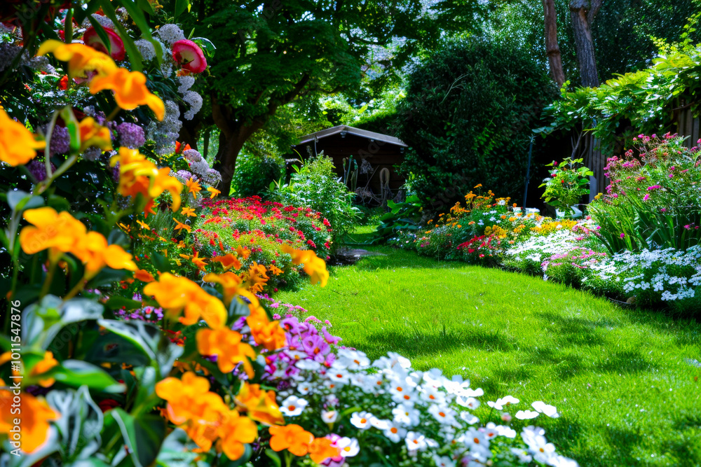 A serene backyard garden with blooming flowers. A serene backyard garden with blooming flowers.
