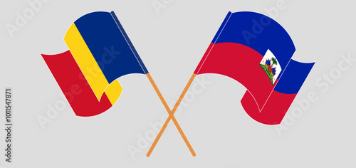 Crossed and waving flags of Romania and Republic of Haiti. Vector illustration