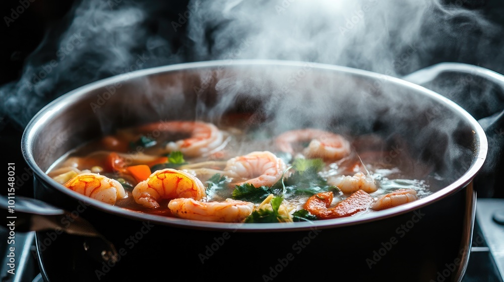 A steaming pot of spicy tom yum soup filled with plump shrimp, lemongrass, galangal, and chili, with wisps of aromatic steam rising. A steaming pot of spicy tom yum soup filled with plump shrimp, lemongrass, galangal, and chili, with wisps of aromatic steam rising.