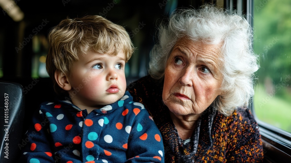 An elderly woman and a child gaze thoughtfully out a train window, capturing a poignant moment of generational bonding, reflection, and the passage of time together. An elderly woman and a child gaze thoughtfully out a train window, capturing a poignant moment of generational bonding, reflection, and the passage of time together.