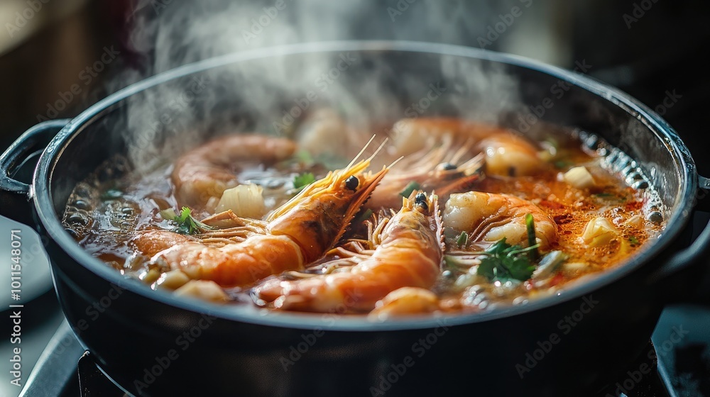 A steaming pot of spicy tom yum soup filled with plump shrimp, lemongrass, galangal, and chili, with wisps of aromatic steam rising. A steaming pot of spicy tom yum soup filled with plump shrimp, lemongrass, galangal, and chili, with wisps of aromatic steam rising.