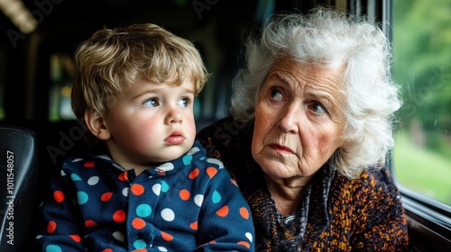 An elderly woman and a child gaze thoughtfully out a train window, capturing a poignant moment of generational bonding, reflection, and the passage of time together.