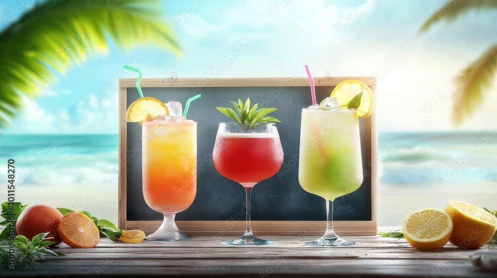 Fototapeta premium A colorful cocktail menu on a chalkboard, featuring summer drinks with tropical ingredients, set in a beachside bar.