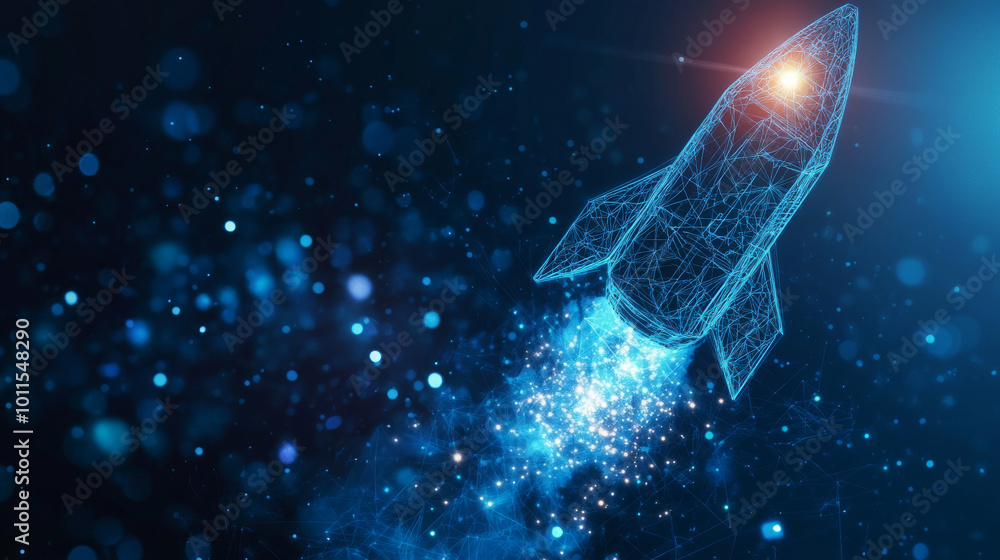 A sleek, digital rocket blasts off against a blue tech background. The rocket represents a powerful CPU processor, symbolizing innovation in electronics.low poly wireframe. A sleek, digital rocket blasts off against a blue tech background. The rocket represents a powerful CPU processor, symbolizing innovation in electronics.low poly wireframe.