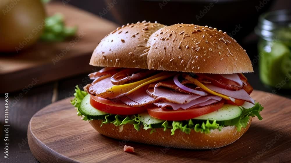 Fresh submarine sandwich with ham, cheese, bacon, tomatoes, cucumbers, lettuce and onions on wooden cutting board Fresh submarine sandwich with ham, cheese, bacon, tomatoes, cucumbers, lettuce and onions on wooden cutting board