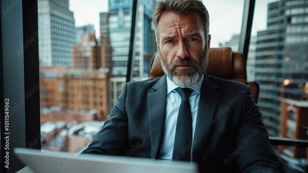 A mature businessman focuses intently while using a laptop in an office with a cityscape view, reflecting professionalism and determination. A mature businessman focuses intently while using a laptop in an office with a cityscape view, reflecting professionalism and determination.