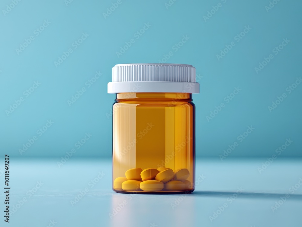 Simple yet striking image of an orange pill bottle with a white cap, filled with yellow tablets, set against a soft blue background. Simple yet striking image of an orange pill bottle with a white cap, filled with yellow tablets, set against a soft blue background.