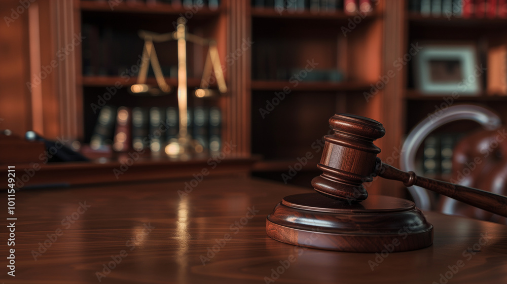 Close-up of a gavel on a wooden desk, symbolizing authority and importance of election rules, with copy space for text or design Close-up of a gavel on a wooden desk, symbolizing authority and importance of election rules, with copy space for text or design