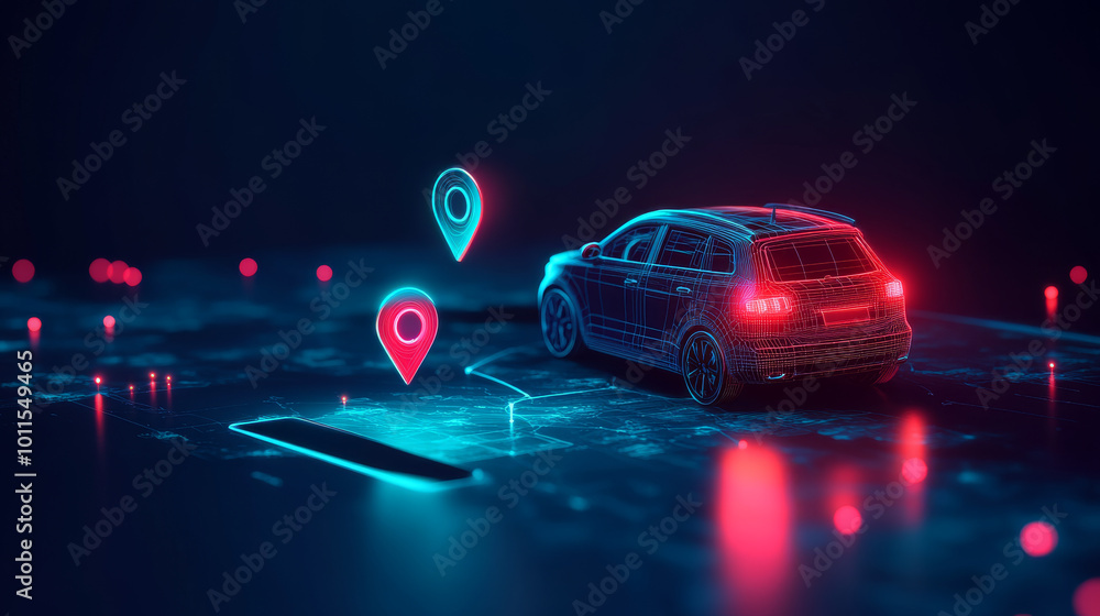 A simple, 3D car drives out of a dark blue screen,representing navigation, location apps,or smart travel technology. The design uses abstract shapes for the car, phone, and map pin.low poly wireframe. A simple, 3D car drives out of a dark blue screen,representing navigation, location apps,or smart travel technology. The design uses abstract shapes for the car, phone, and map pin.low poly wireframe.