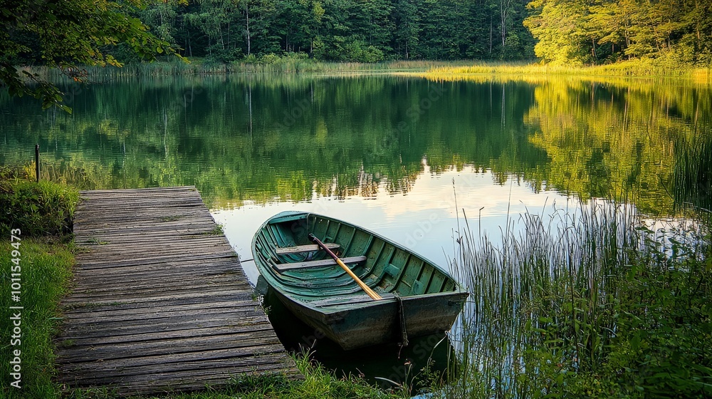 Obraz premium A serene fishing pond in the countryside, with an old wooden dock and a rowboat tied to it