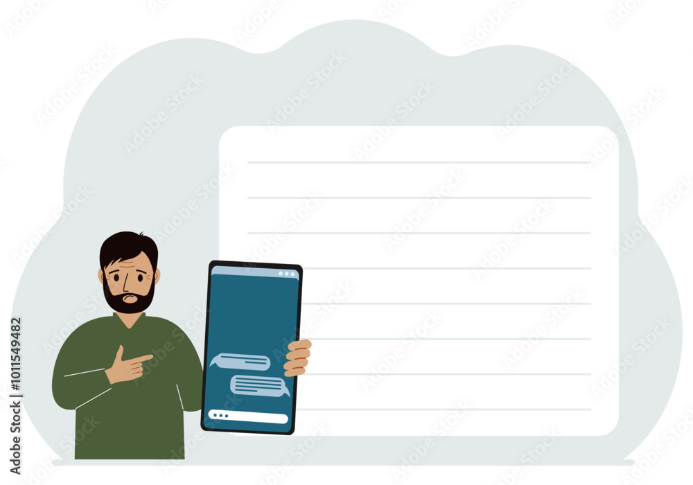 A man holds a mobile phone with correspondence and SMS messages in his hand. Advertising, poster, place for text. Vector flat illustration. A man holds a mobile phone with correspondence and SMS messages in his hand. Advertising, poster, place for text. Vector flat illustration.